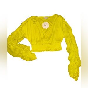 indulge Yellow Cropped Wrap Blouse with Smocked Waist